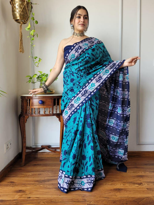 Pure Cotton Hand Block Printed Mulmul Saree