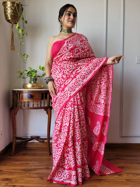 Pure Cotton Hand Block Printed Mulmul Saree