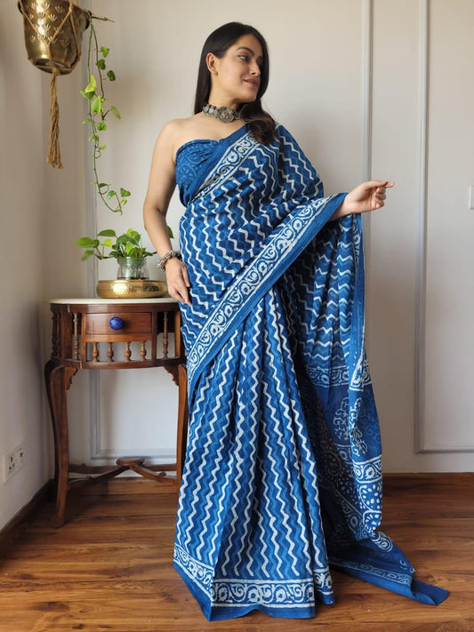 Pure Cotton Hand Block Printed Mulmul Saree