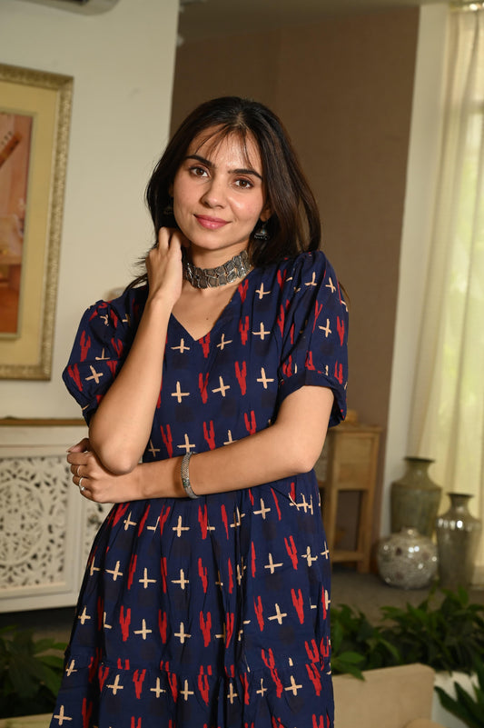 Traditional Bagru Hand Block Printed Cotton Frill Dress