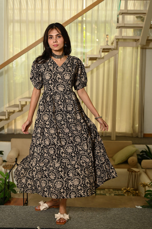 Traditional Bagru Hand Block Printed Cotton Frill Dress