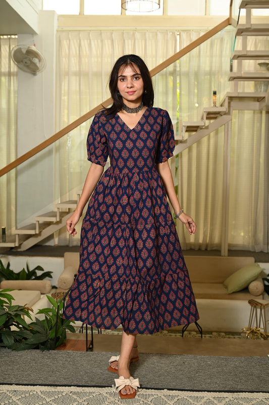 Traditional Bagru Hand Block Printed Cotton Frill Dress
