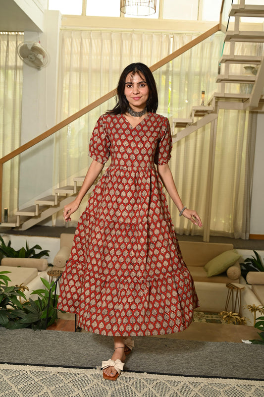 Traditional Bagru Hand Block Printed Cotton Frill Dress
