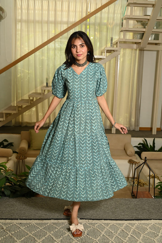 Traditional Bagru Hand Block Printed Cotton Frill Dress